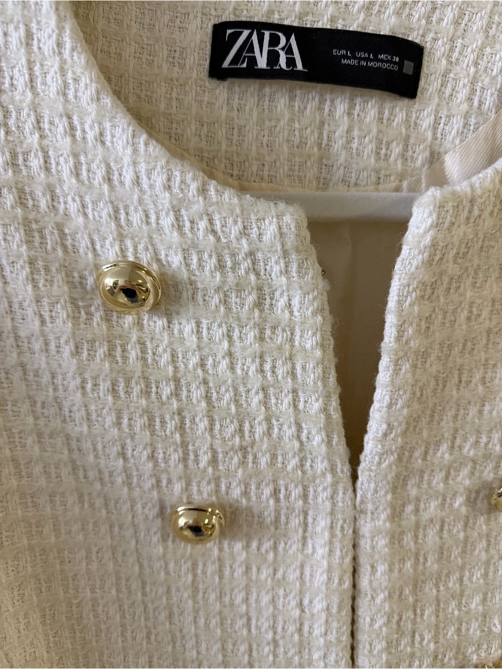 ZARA Women’s Cream Tweed Jacket Cream Gold Button Blazer Old Money | Size L - Picture 2 of 6